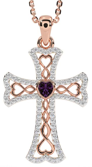 Diamond Alexandrite Rose Gold Silver Celtic Cross Necklace