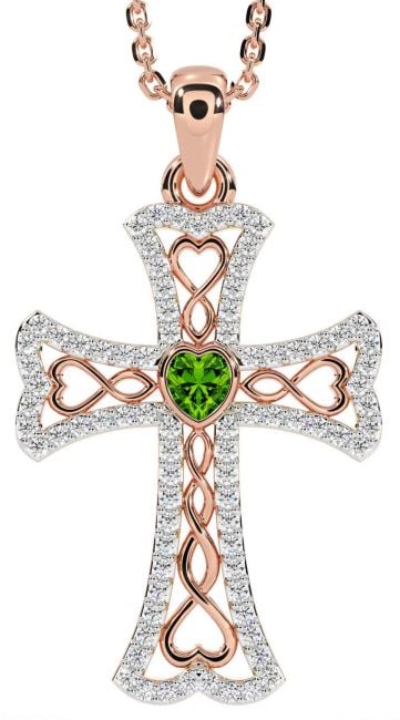 Diamond Peridot Rose Gold Silver Celtic Cross Necklace