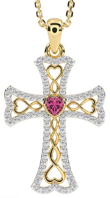 Diamond Pink Tourmaline Gold Silver Celtic Cross Necklace