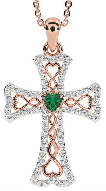 Diamond Emerald Rose Gold Celtic Cross Necklace