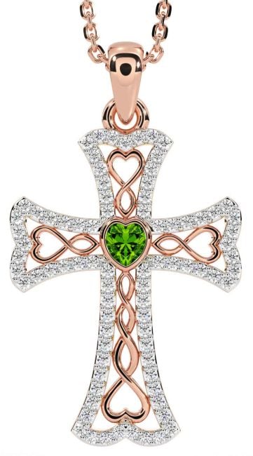 Diamond Peridot Rose Gold Celtic Cross Necklace