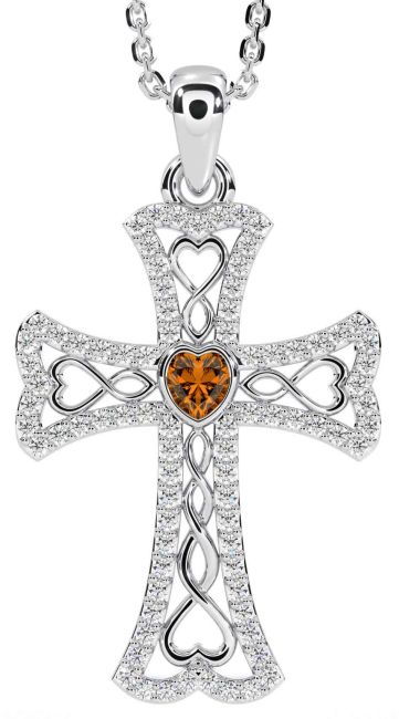 Diamond Citrine Silver Celtic Cross Necklace