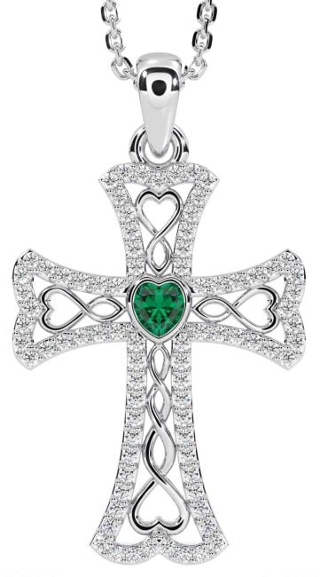 Diamond Emerald Silver Celtic Cross Necklace