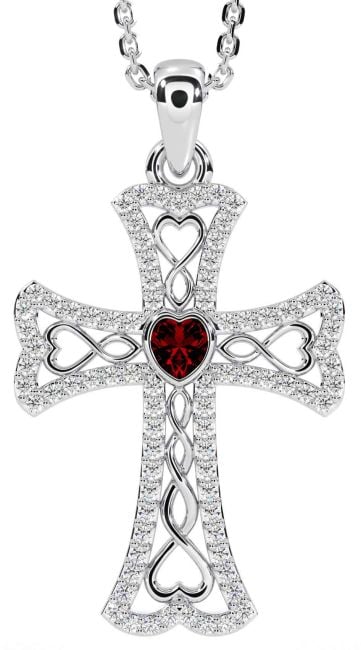 Diamond Garnet Silver Celtic Cross Necklace