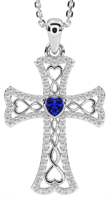 Diamond Sapphire Silver Celtic Cross Necklace