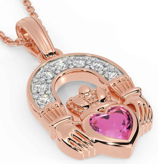 Diamond Pink Tourmaline Rose Gold Silver Claddagh Necklace