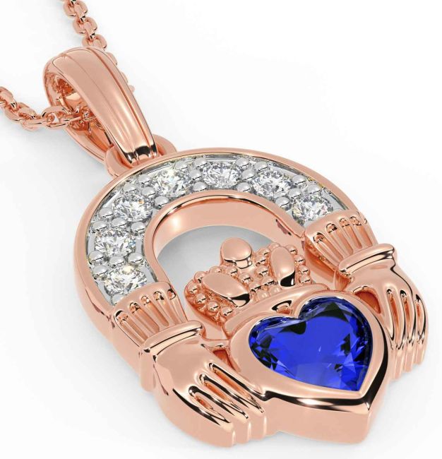 Diamond Sapphire Rose Gold Silver Claddagh Necklace
