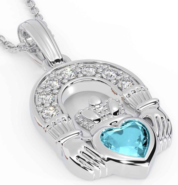 Diamond Aquamarine Silver Claddagh Necklace