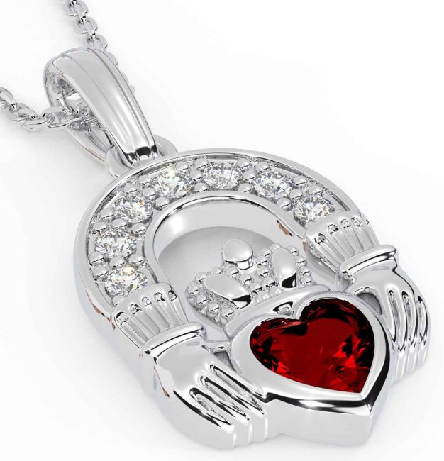 Diamond Garnet Silver Claddagh Necklace