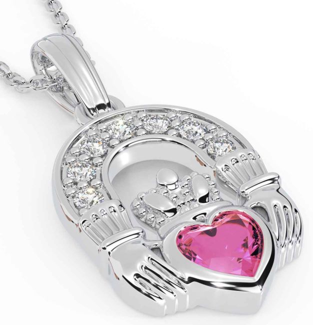 Diamond Pink Tourmaline Silver Claddagh Necklace