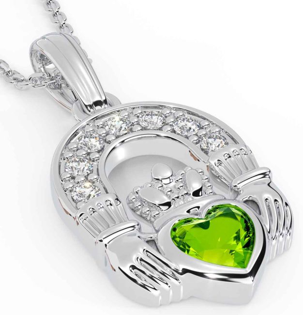 Diamond Peridot Silver Claddagh Necklace