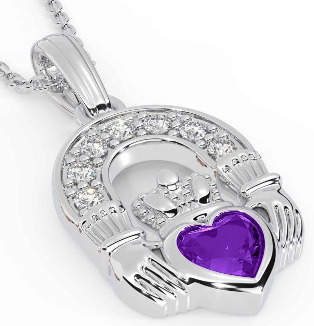 Diamond Amethyst White Gold Claddagh Necklace