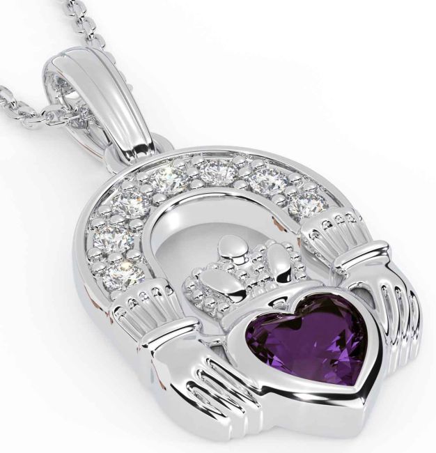 Diamond Alexandrite White Gold Claddagh Necklace