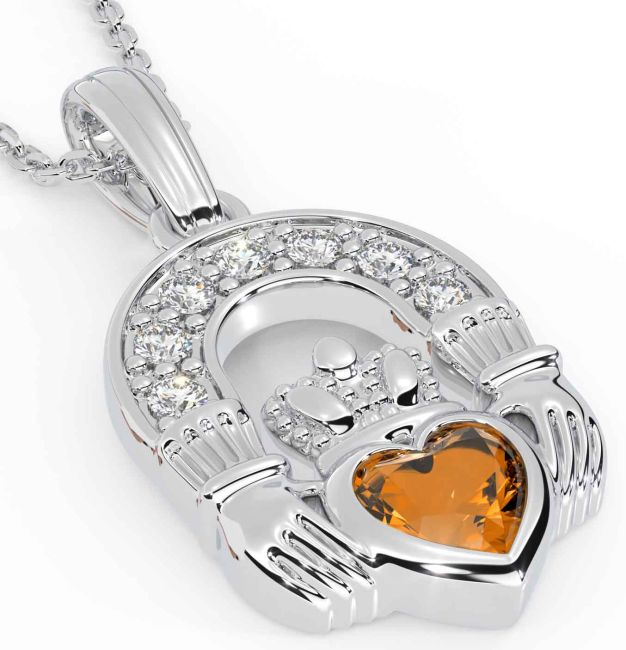 Diamond Citrine White Gold Claddagh Necklace