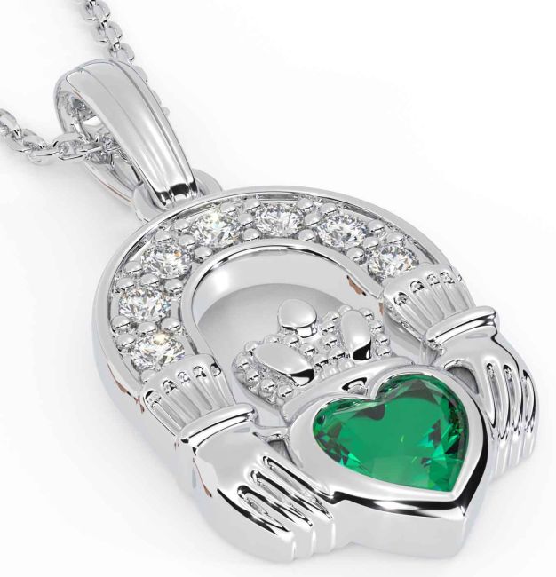 Diamond Emerald White Gold Claddagh Necklace