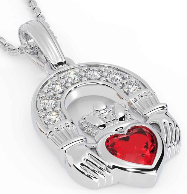 Diamond Ruby White Gold Claddagh Necklace