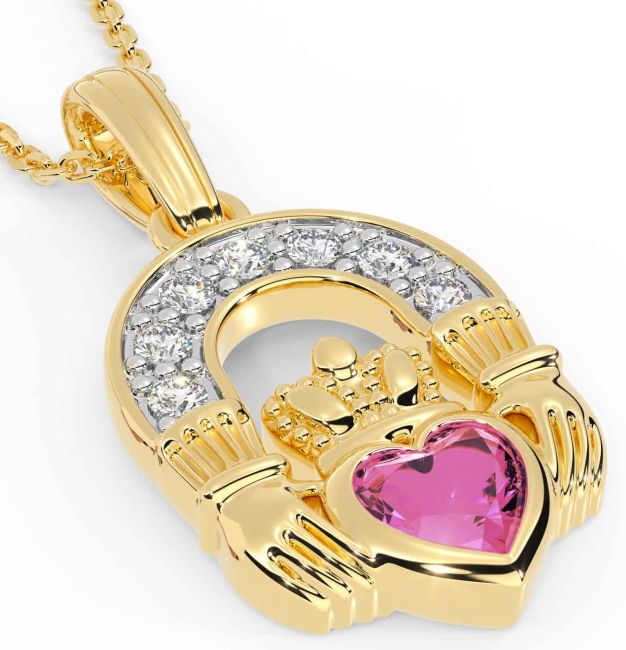Diamond Pink Tourmaline Gold Claddagh Necklace