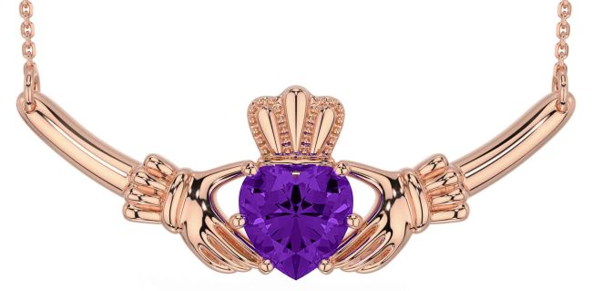 Amethyst Rose Gold Silver Claddagh Necklace