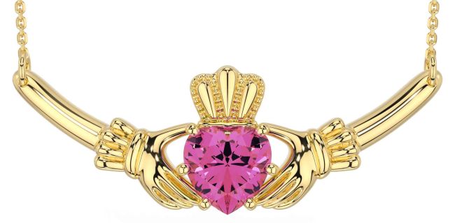 Pink Tourmaline Gold Silver Claddagh Necklace