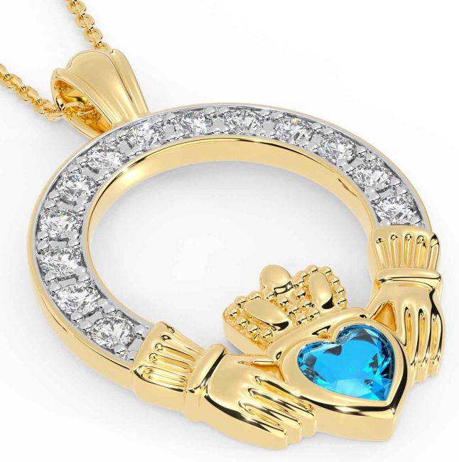 Diamond Topaz Gold Silver Claddagh Necklace