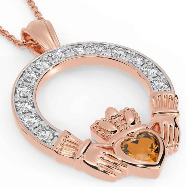 Diamond Citrine Rose Gold Claddagh Necklace