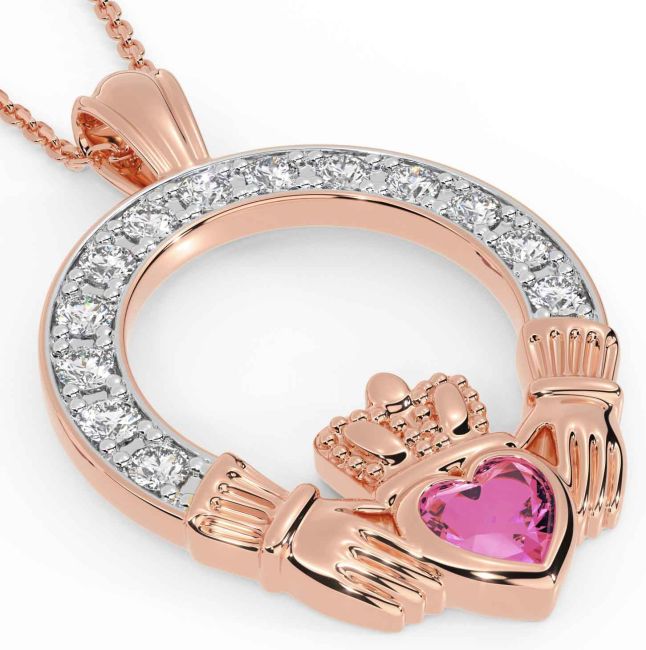 Diamond Pink Tourmaline Rose Gold Claddagh Necklace