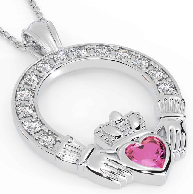 Diamond Pink Tourmaline Silver Claddagh Necklace