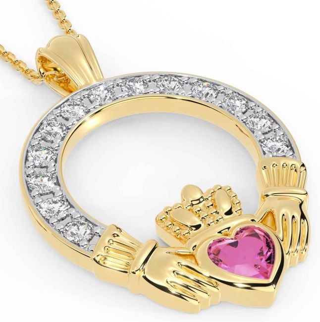 Diamond Pink Tourmaline Gold Claddagh Necklace