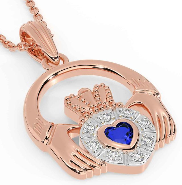Diamond Sapphire Rose Gold Silver Claddagh Necklace