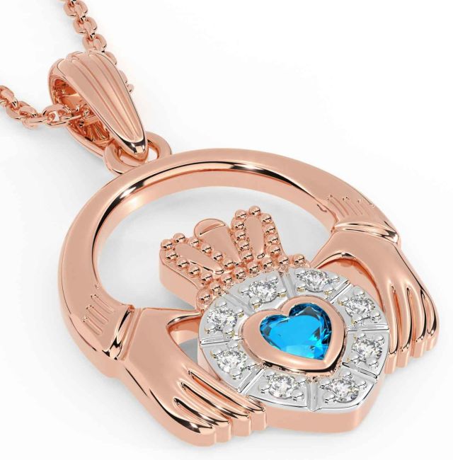 Diamond Topaz Rose Gold Silver Claddagh Necklace