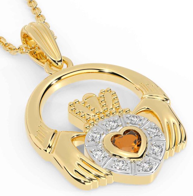 Diamond Citrine Gold Silver Claddagh Necklace
