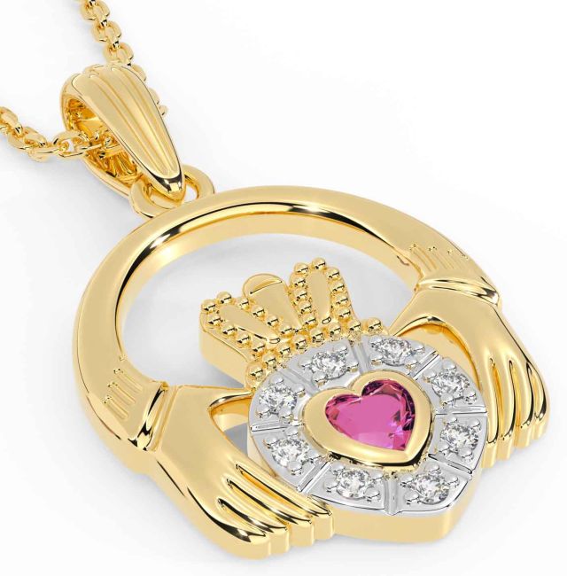 Diamond Pink Tourmaline Gold Silver Claddagh Necklace