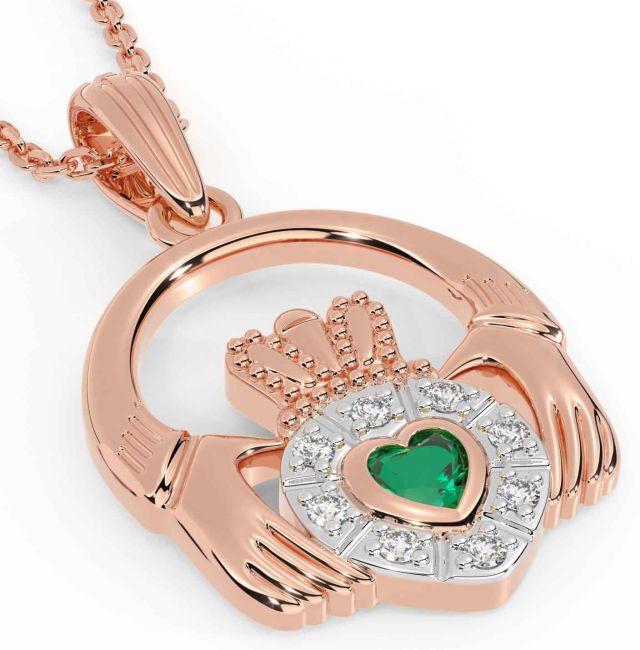 Diamond Emerald Rose Gold Claddagh Necklace