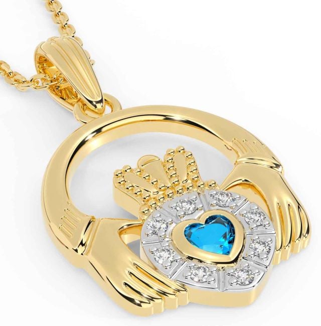 Diamond Topaz Gold Claddagh Necklace