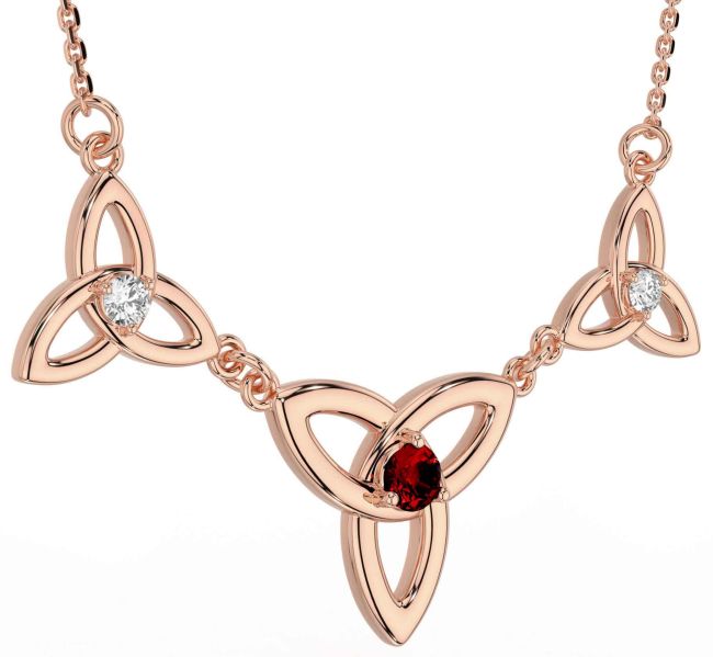 Diamond Garnet Rose Gold Silver Celtic Trinity Knot Necklace