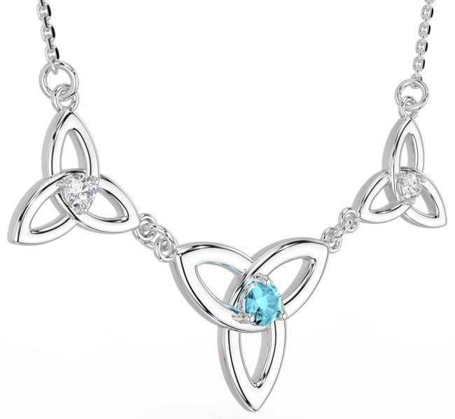 Diamond Aquamarine Silver Celtic Trinity Knot Necklace