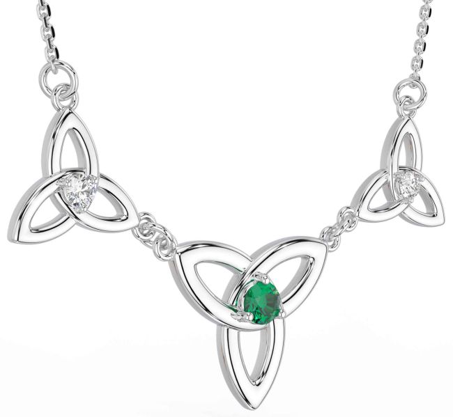 Diamond Emerald White Gold Celtic Trinity Knot Necklace