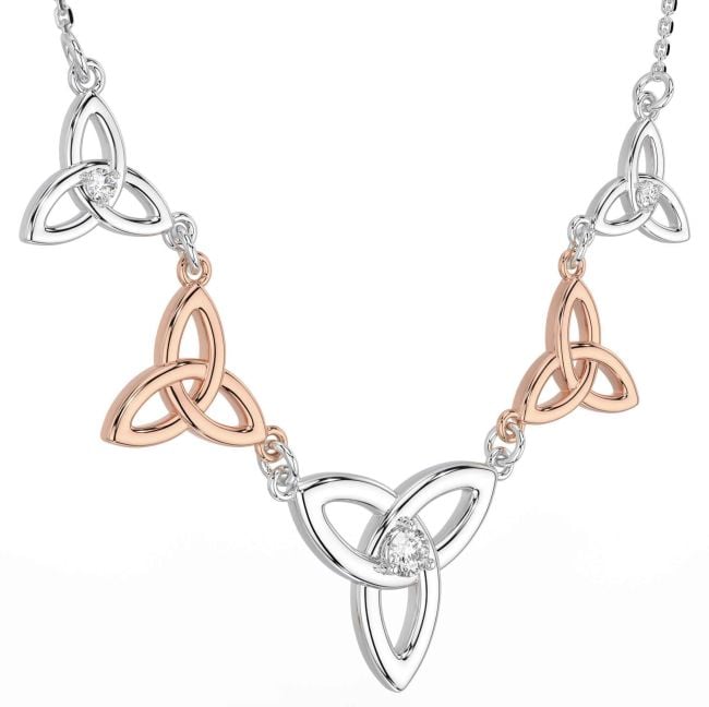 Diamond Rose Gold Silver Celtic Trinity Knot Necklace