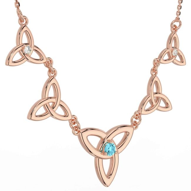 Diamond Aquamarine Rose Gold Silver Celtic Trinity Knot Necklace