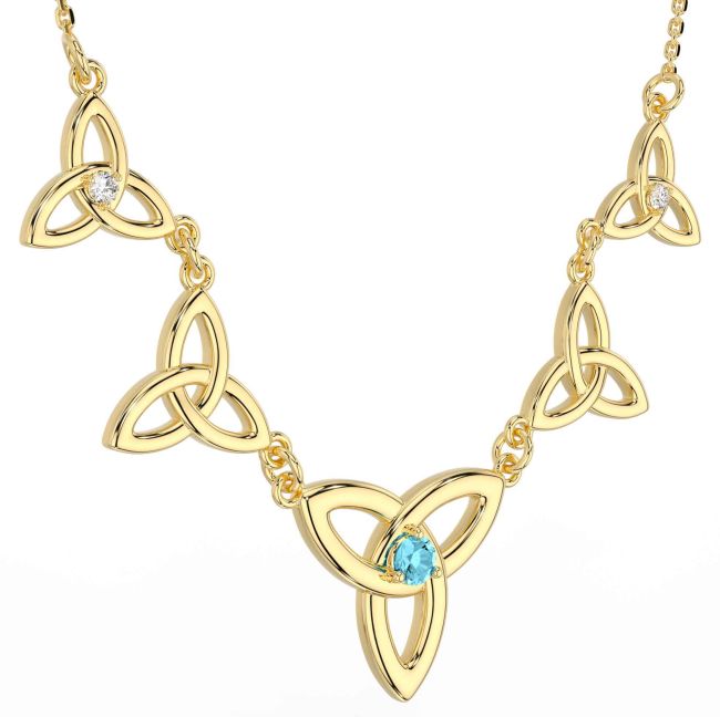 Diamond Aquamarine Gold Silver Celtic Trinity Knot Necklace