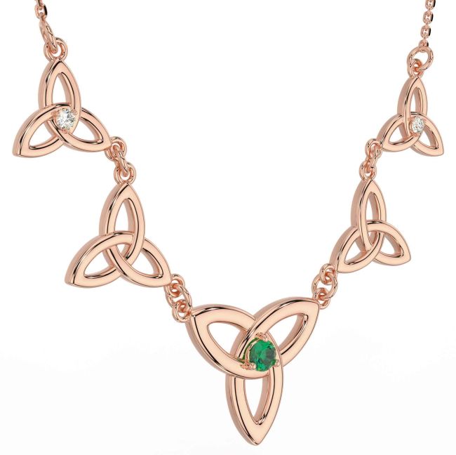 Diamond Emerald Rose Gold Celtic Trinity Knot Necklace