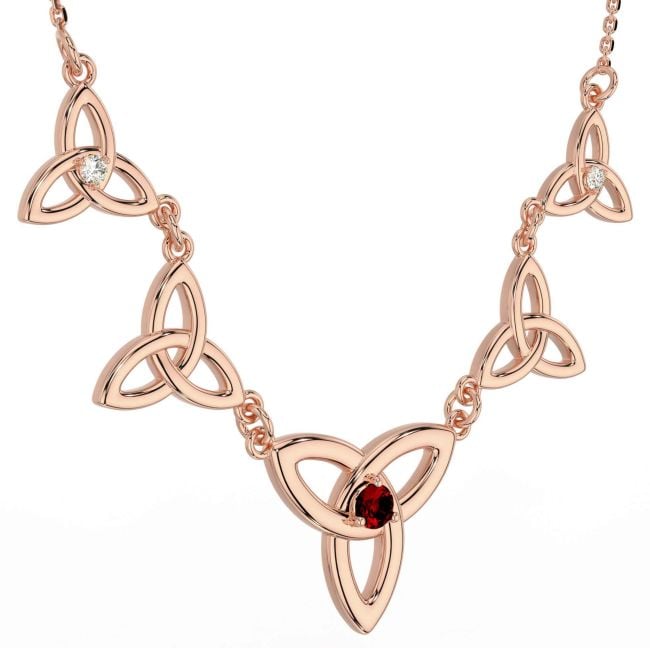 Diamond Garnet Rose Gold Celtic Trinity Knot Necklace
