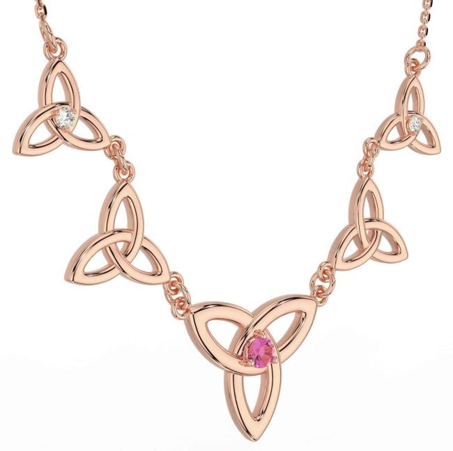 Diamond Pink Tourmaline Rose Gold Celtic Trinity Knot Necklace