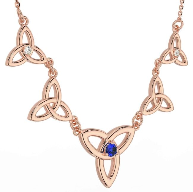 Diamond Sapphire Rose Gold Celtic Trinity Knot Necklace