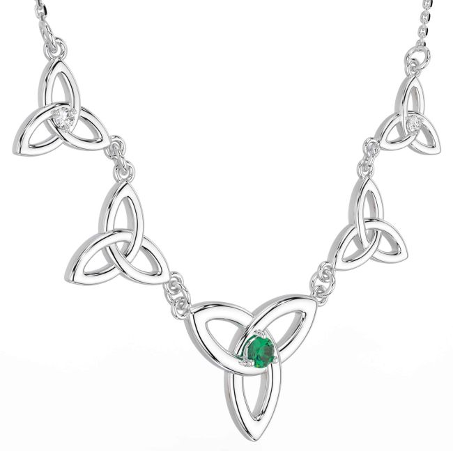 Diamond Emerald Silver Celtic Trinity Knot Necklace