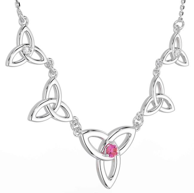 Diamond Pink Tourmaline White Gold Celtic Trinity Knot Necklace
