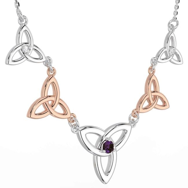 Diamond Alexandrite White Rose Gold Celtic Trinity Knot Necklace