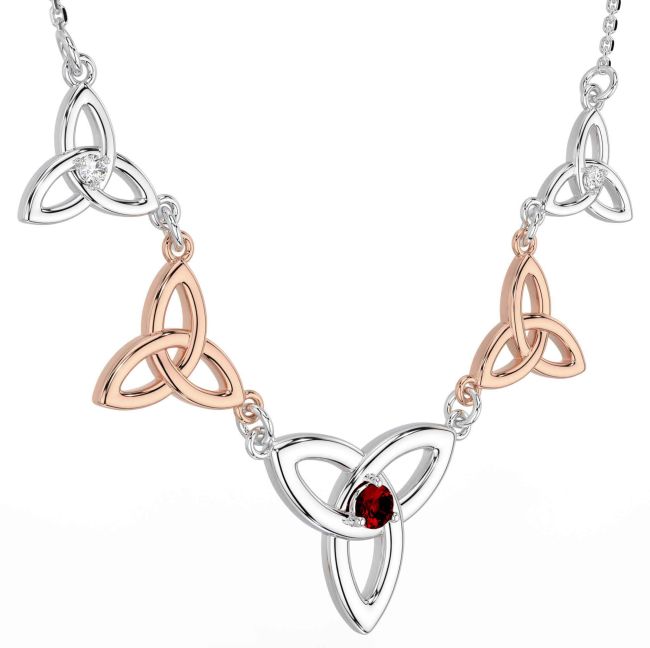 Diamond Garnet White Rose Gold Celtic Trinity Knot Necklace