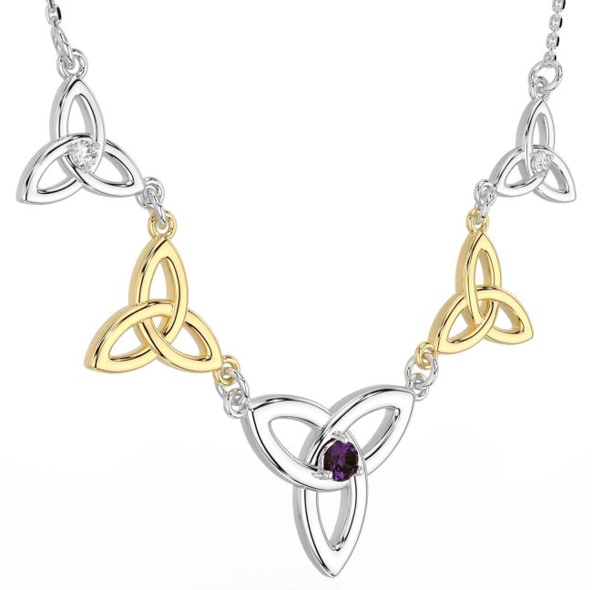 Diamond Alexandrite White Yellow Gold Celtic Trinity Knot Necklace