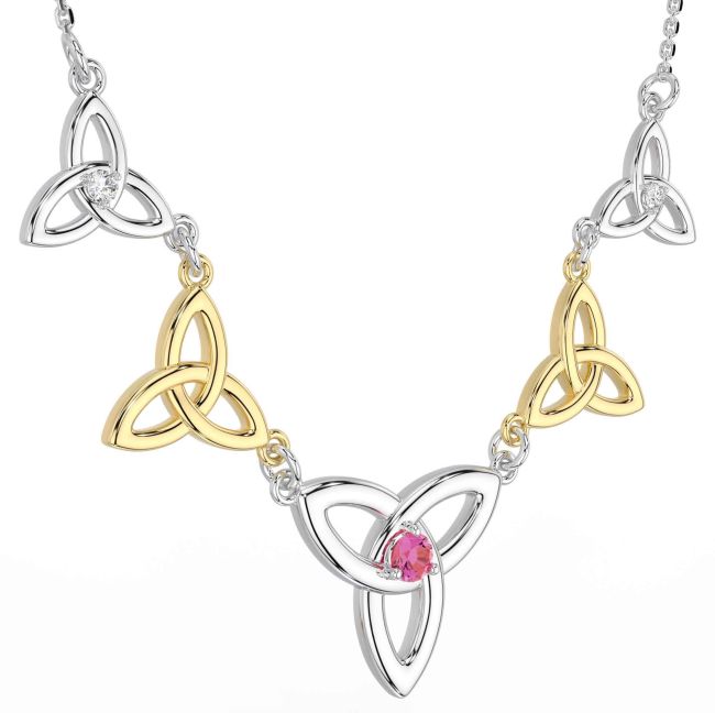 Diamond Pink Tourmaline White Yellow Gold Celtic Trinity Knot Necklace